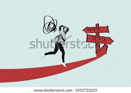 Composite collage picture of minded black white colors girl run road sign pointer question mark isolated on creative background