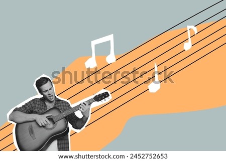 Composite collage picture image of funny male listen music play guitar singing fantasy billboard comics zine