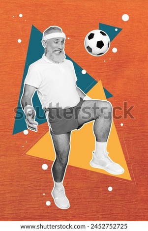 Vertical creative collage picture senior retired pensioner kicking football game player competition energetic hobby drawing background