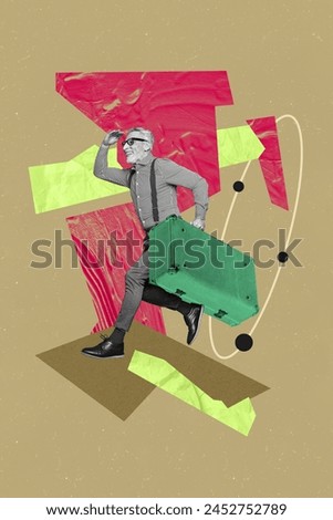 Vertical collage picture mature pensioner running carry luggage briefcase look far search vacation passenger tourist miss departure