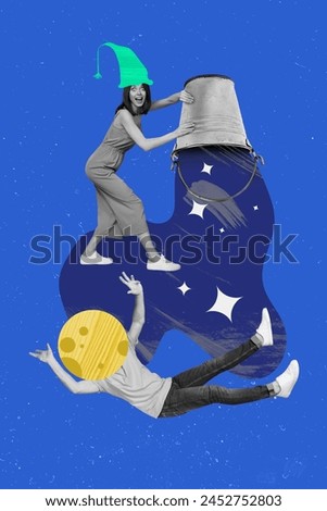 Vertical collage picture crazy freak woman witch holding bucket falling man headless planet nightmare insomnia drawing background