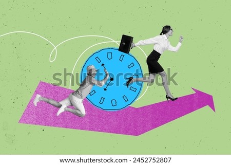 Creative picture collage running young woman boss time management countdown miss deadline office worker drawing background