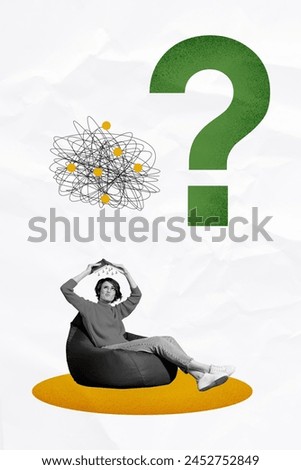 Composite trend sketch image photo collage of young lady sit in beanbag think mind thoughts in air question read book student education