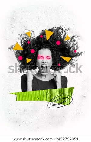 Vertical photo collage of mad aggressive girl show fist gesture anger anxiety scream negative emotions isolated on painted background Royalty-Free Stock Photo #2452752851