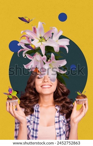 Photo collage composite trend artwork sketch image of young attractive lady hold in hand cupcakes half face cover with huge lily bouquet