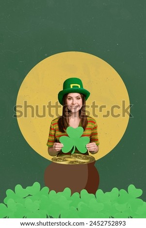 Composite 3D photo collage artwork sketch image of young attractive lady in green hat hold huge clover saint patrik day pot with coins Royalty-Free Stock Photo #2452752893