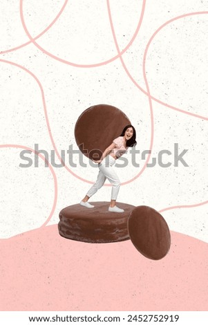 Trend artwork sketch composite 3D photo collage of young strong happy lady stand hold in hand huge chocolate glaze cookie carry on back Royalty-Free Stock Photo #2452752919