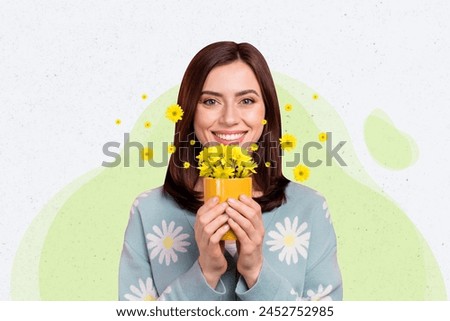 Creative collage picture happy smiling pretty girl hold houseplant pot daisy flower yellow blossom spring march drawing background