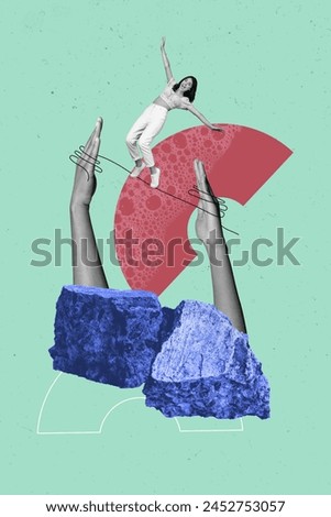 Vertical photo collage picture young excited girl balancing hands body fragments rope stone elements parts drawing background