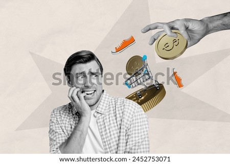 Creative collage poster young frustrated man scared emotional reaction bite nails golden coins human arm take dollar drawing background Royalty-Free Stock Photo #2452753071