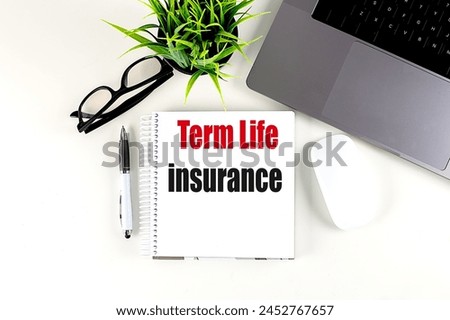 TERM LIFE INSURANCE text on a notebook with laptop, mouse and pen . 