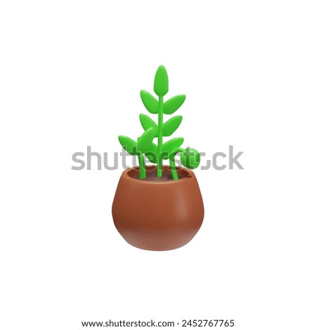 3D vector drawing of a houseplant with bright green sprouts in a brown pot. Minimalistic style. Illustration of potted plants on isolated background for home decor.
