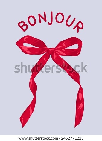 vector print with a bow and the inscription "Bunjour". Red satin ribbon bow. Fashionable trendy design for T-shirts, accessories, dresses, etc.