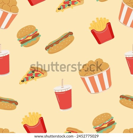 Easily modifiable vector elements. Digitally hand drawn fast food seamless pattern.