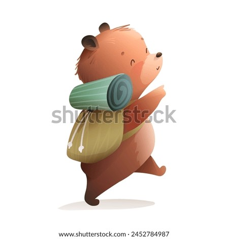 Cute teddy bear traveler on an adventurous journey. Teddy bear character hiking with a backpack. Animal for kids stories and fun adventures. Isolated vector clipart in watercolor colors for children.