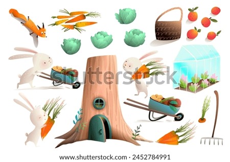 Rabbits or bunnies farmers harvesting vegetables carrots, cabbage and apples. Gardening and farming clip art collection for kids with cute animals characters. Vector isolated clip art for children.