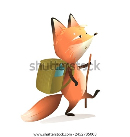 Cute fox traveler on an adventurous journey. Red fox character hiking with a backpack. Animal for kids stories and fun adventures. Isolated vector clipart in watercolor colors for children books.