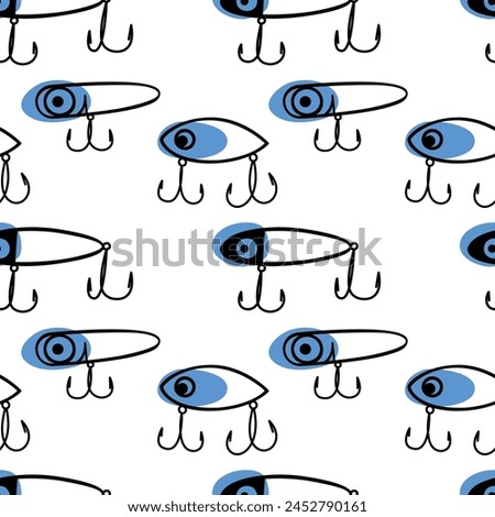 Seamless pattern with lure for fishing. Сoncept of outdoors adventure, back to nature, recreation tourism.