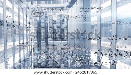Image of mathematical equations, data processing and light trails over computer server room. Business data storage technology concept