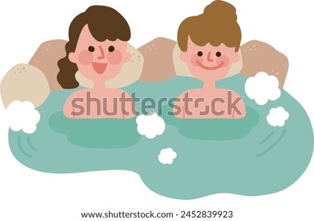 Clip art of female friends bathing in hot spring