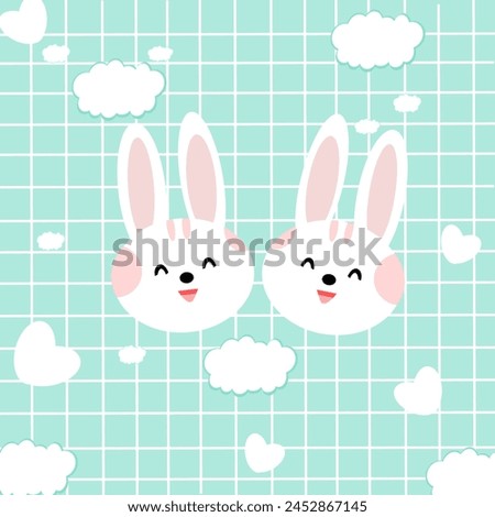seamless pattern with lover rabbits, cloud, lines and mini heart on pastel green color background for gift, wallpaper and print so cute.