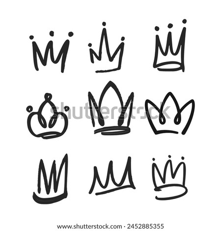 Doodle Crowns Icons Collection, Playful Array Of Hand-drawn Diadems, Tiaras, And Royal Headwear for Princesses