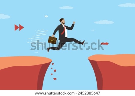Caucasian businessman jump gap. Overcoming obstacles. Achievement of goals. Male employee with running jump from one cliff to another. Business success. Risk management. Flat vector illustration