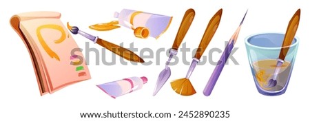 Art paint brush tool vector. Artist draw with pencil and paintbrush cartoon craft object set. Designer album, oil tube and gouache clipart isolated png. Simple supplies and creative study accessory.