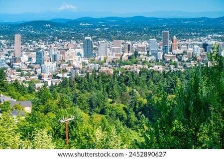 Aerial view of Portland skyline on a beautiful sunny day, Oregon.