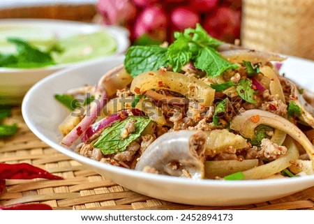 Spicy Minced Pork Salad, thai isan food, thai called Larb Moo