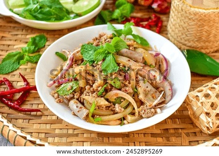 Spicy Minced Pork Salad, thai isan food, thai called Larb Moo