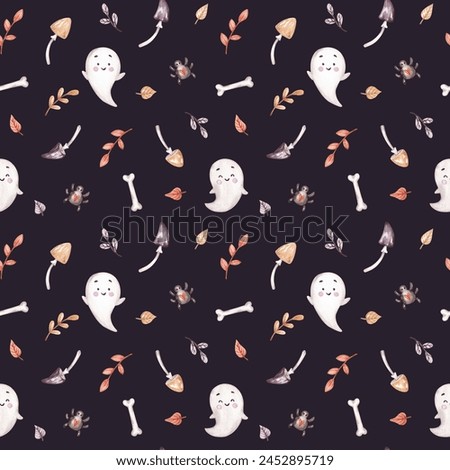 Halloween seamless pattern hand drawn with watercolor. Cute Halloween characters, plants and objects. Gender neutral design. For kid textile, fabric, wallpaper, banners, cards and so on