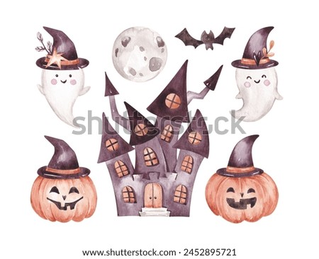 Halloween printable clip art hand drawn with watercolor. Isolated on white. Cute Halloween characters and objects. Gender neutral design. For cards, invitations, posters, scrapbook and so on