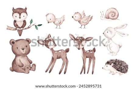 Cute baby animals hand drawn with watercolor. Isolated on white. Forest animals clip art. Gender neutral characters. For kid textile, fabric, clothing, cards, invitations, wallpaper