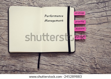 book for notice with words performance management, strategy, priority, measure and alignment on the wooden background. business concept