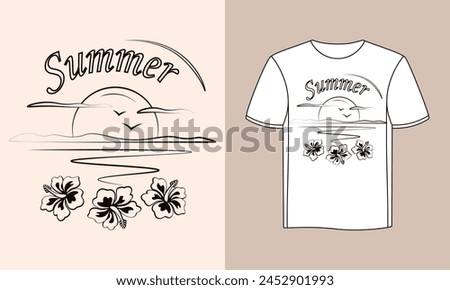 Summer t-shirt design with sunset and flowers in scketch style. Decorative print for t-shirt, insignia, emblem, flat vector illustration.