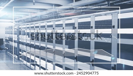 Image of statistical data processing against light trails over computer server room. Global networking and business data storage technology concept