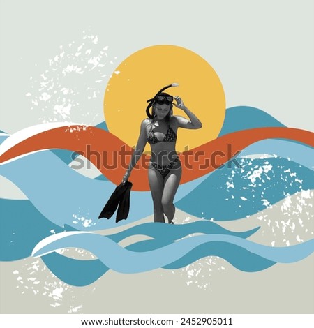 Young fit woman in swimwear coming out of waves holding a swimming mask and fins after snorkeling on abstract background of ocean. Creative collage in magazine style. Contemporary art. Modern design