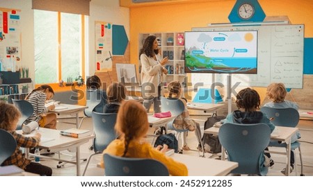 Primary School Children Learning Basic Information About Water Cycles: Geography Teacher Educating Smart Diverse Kids in a Modern Colorful Classroom. Schoolchildren Understanding Weather Factors Royalty-Free Stock Photo #2452912285