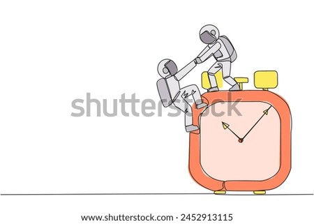 Single continuous line drawing young astronaut helps colleague climb big alarm clock. Helping coworkers. Deadline is coming. Work together for better end result. One line design vector illustration Royalty-Free Stock Photo #2452913115