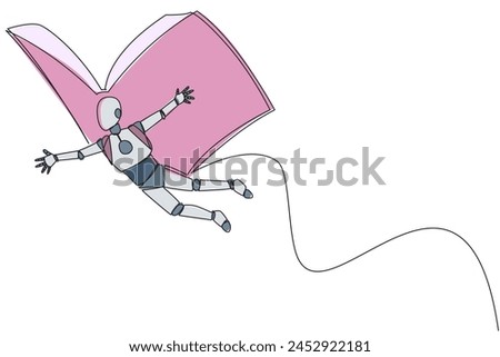Single one line drawing smart robot flying with wings that come from open big book. The metaphor carried away with the storyline. Constructive fantasy. Continuous line design graphic illustration