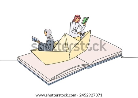Single continuous line drawing Arabian man woman reading book on paper boat. Maintain good habits. The metaphor of reading can explore ocean. Book festival concept. One line design vector illustration