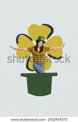 Vertical composite collage picture of positive mini girl inside big hat st patrick day isolated on creative background