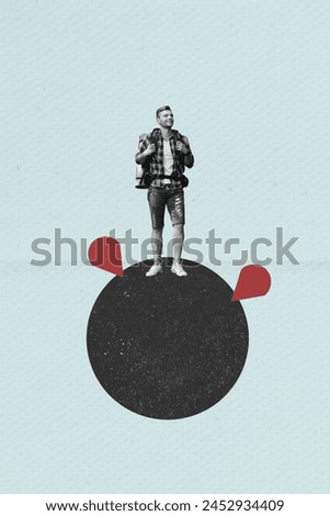Composite vertical collage picture of black white colors guy hiking location mark isolated on creative blue paper background