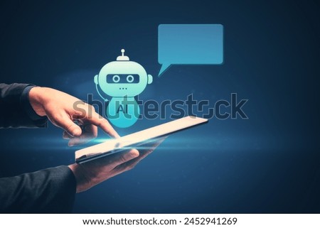 Close up of businessman hand using smartphone with creative AI robot hologram with speech bubble for your text on blue background. Chat GPT and customer support concept