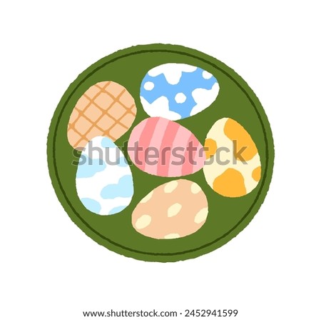 Painted and decorated Easter eggs. Spring holiday decoration on plate, traditional festive dish, top view. Colorful seasonal decor. Flat vector illustration isolated on white background