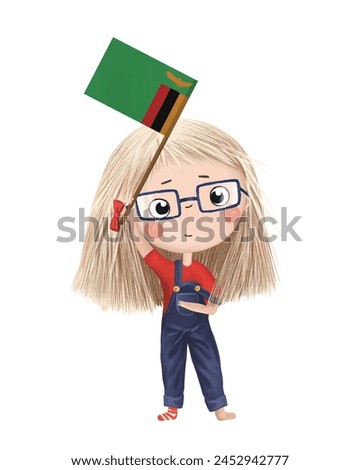 Funny cute girl with flag of Zambia. Bright clip art isolated