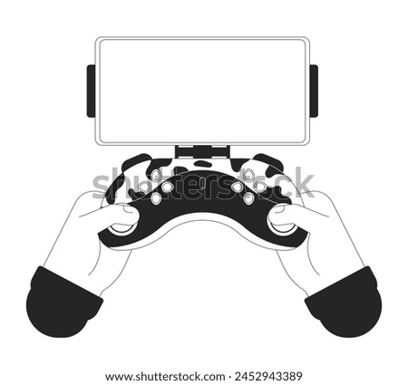 Phone holder for game controller cartoon human hands outline illustration. Gamepad smartphone empty screen 2D isolated black and white vector image. Press buttons flat monochromatic drawing clip art