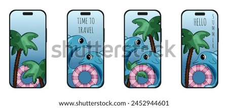 Set of Phones with Summer screensaver. Travel Concept for Mobile Phones Wallpaper. Y2K vector aesthetic can used Travel agency advertising design. EPS 10 Editable stroke