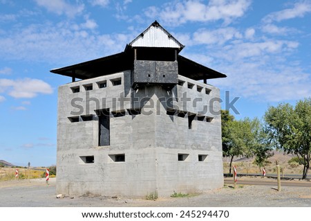 Blockhouse north of Laingsburg at the Geelbek River railway bridge in the Western Cape Province of South Africa. Used by the British troups to defend the bridge during the second Boer War 1899-1902.  Royalty-Free Stock Photo #245294470